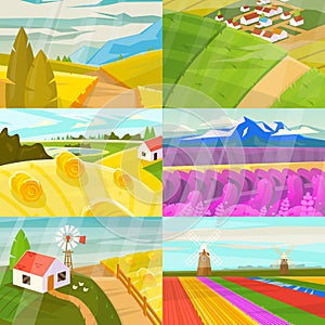Landscape vector landscaping countryside of meadows fields and lands with natural landscaped sunny view of country set