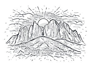 Landscape vector sketch illustration with a mountains, rocks, trees and sun. Black line isolated on white. Nature background