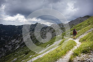 Landscape with Via Alpina trail in the Julian Alps, Slovenia photo