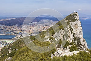 Landscape view from above on the Rock of Gibraltar and the Spanish town of Linea de Concepcion in Gibraltar