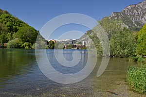 Landscape view of Adda river of Lecco city in Lake Como district.