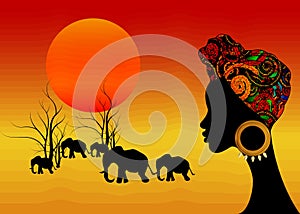 Landscape view of Africa with young African woman with turban looking to elephants and rising sun. Vector African safari concept