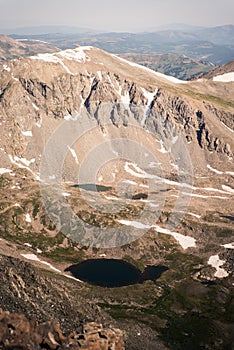Landscape view of alpine lake surrounded by mountains from the top of Quandary Peak in Colorado.
