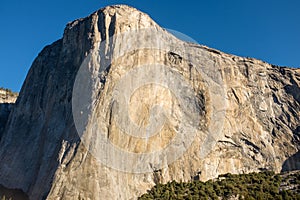 A landscape view of the amazing El Capitan from the canyon floor at Yosemite National Park, USA against a beautiful bright blue