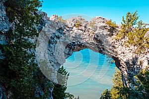 Landscape view of Arch Rock looking out over Lake Huron on Mackinac Island