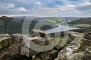 Landscape view from Bamford Edge in Peak District towards Ladybower Reservoir and Win Hill.