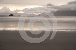 landscape view of a beach in Lofoten Islands, Norway on a cloudy day