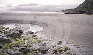 landscape view of a beach in Lofoten Islands, Norway on a cloudy day