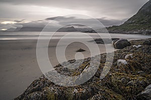 landscape view of a beach in Lofoten Islands, Norway on a cloudy day