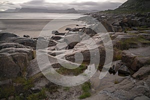 landscape view of a beach in Lofoten Islands, Norway on a cloudy day