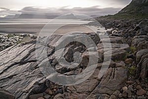 landscape view of a beach in Lofoten Islands, Norway on a cloudy day