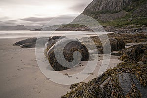 landscape view of a beach in Lofoten Islands, Norway on a cloudy day