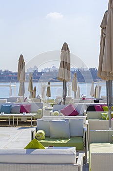 Landscape view of beach lounge on the shore in Dubai