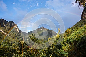 Landscape view , blue cloudy , fog , rainbow on the sky at Chiang dao Thailand .