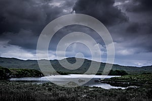 Landscape view of blue lake and dark cloudy sky above.