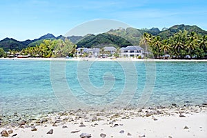 Landscape view from a boat of Muri lagoon beach in Rarotonga Coo