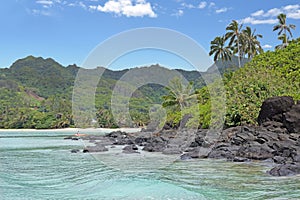 Landscape view from a boat of Muri lagoon beach in Rarotonga Coo