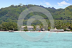 Landscape view from a boat of Muri lagoon beach in Rarotonga Coo