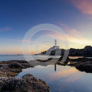 landscape view of the Botafoc Lighthouse in Ibiza Town Port at sunsetwith reflections in tidal pools in the foreground