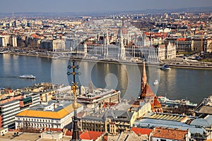 A landscape view of Budapest city in the evening, the Hungarian parliament building and otherr buildings along Danube