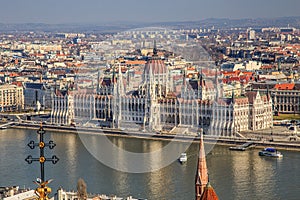 A landscape view of Budapest city in the evening, the Hungarian parliament building and otherr buildings along Danube
