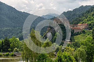 Landscape view of castle Burg Rabenstein over the Mur river valley, Styria, Austria