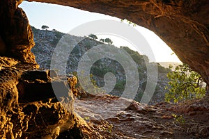 Landscape view of the cave in Creta island, Greece with oil trees on the mountains