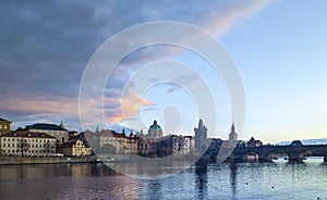 Landscape View of the Charles bridge in prague on River moldava