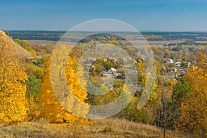 Landscape with view on Chervlene village from nearest hill, sumskaya oblast, Ukraine