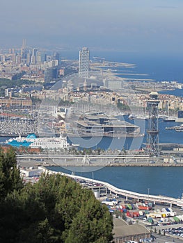 Landscape view of the city of Barcelona in Spain, seen from the top of the Montjuic hill, on a sunny day photo