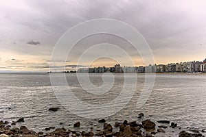 Landscape view of the city of Montevideo in the area of Pocitos. Tourist place in Uruguay, sunset on a cloudy day