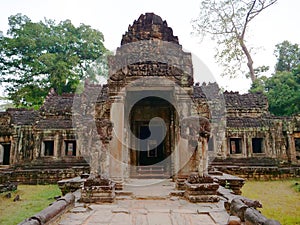 Landscape view of demolished stone architecture at Preah Khan temple Angkor Wat complex, Siem Reap Cambodia. A popular tourist