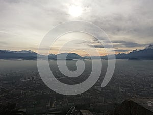 Landscape view at dusk from Fort de la Bastille in Grenoble, France.