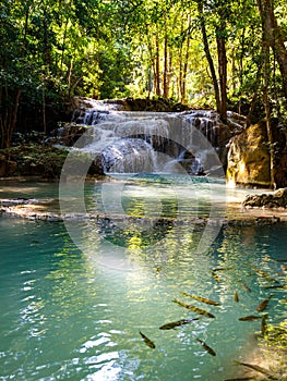 Landscape view of Erawan waterfall Kanchanaburi Thailand. Erawan National Park is home to one of most popular falls in