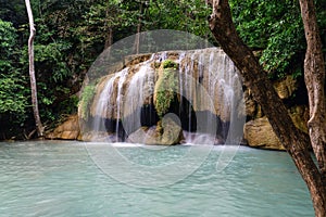 Landscape view of Erawan waterfall Kanchanaburi Thailand. Erawan National Park is most popular falls in Thailand