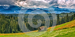 Panoramic landscape in European mountains, High Tatras, Malopolskie Poland photo