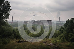 landscape, with view of factory smoke stacks and smoggy skies