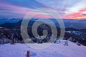 Landscape view of Fagaras Mountains during sunrise, seen from Mount Cozia