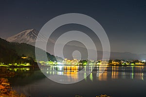 landscape view of Fuji Mountain and Kawaguchiko lake at night fr