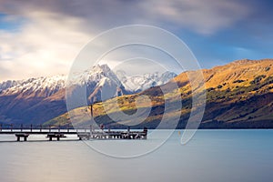 Landscape view of Glenorchy wharf, lake and moutains, New Zealan