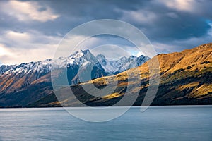 Landscape view of Glenorchy wharf, lake and moutains, New Zealand