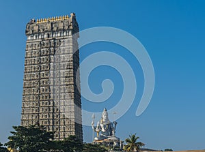 Landscape view of Gopura or Gopuram of Murdeshwar temple and Lord Shiva statue at Murdeshwar  Karnataka  India