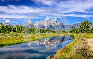 Landscape view of Grand Teton mountains with water reflection,