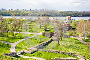 landscape view on green field and fortress of Kalemegdan, Belgrade