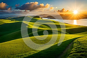 Landscape view of green grass on a hillside with blue sky and clouds in the background.