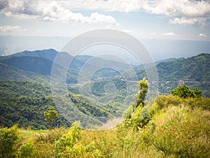 Landscape view green natural Complex mountain blue sky background