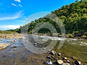 Landscape view of a hilly river and woods, Choral River