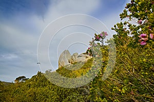 Landscape view of Hout Bay in Cape Town, South Africa during summer holiday and vacation. Scenic rocks and scenery of