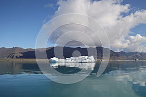 Landscape view of an iceberg surrounded by mountains