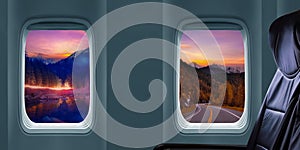 landscape view from inside an airplane windows, holidays travel concept